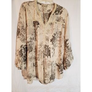 Women's Boho Vintage America Ivory Floral Long Sleeve Blouse Size XXL